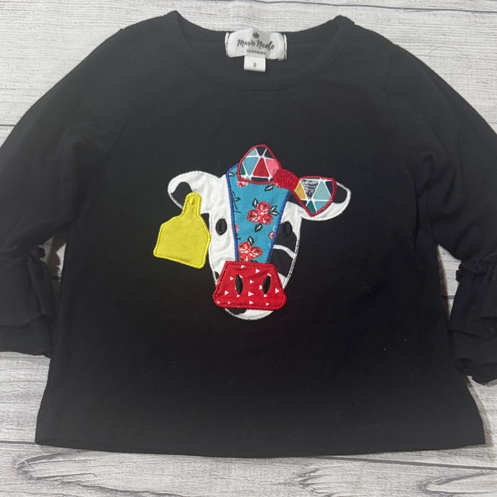Marie Nicole Toddler Girls Black Ruffled L/S Tee with Colorful Cow Appliqués